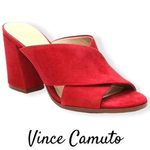 Vince Camuto Red Leather and Suede Levey Heeled Sandals Size 8/38.5